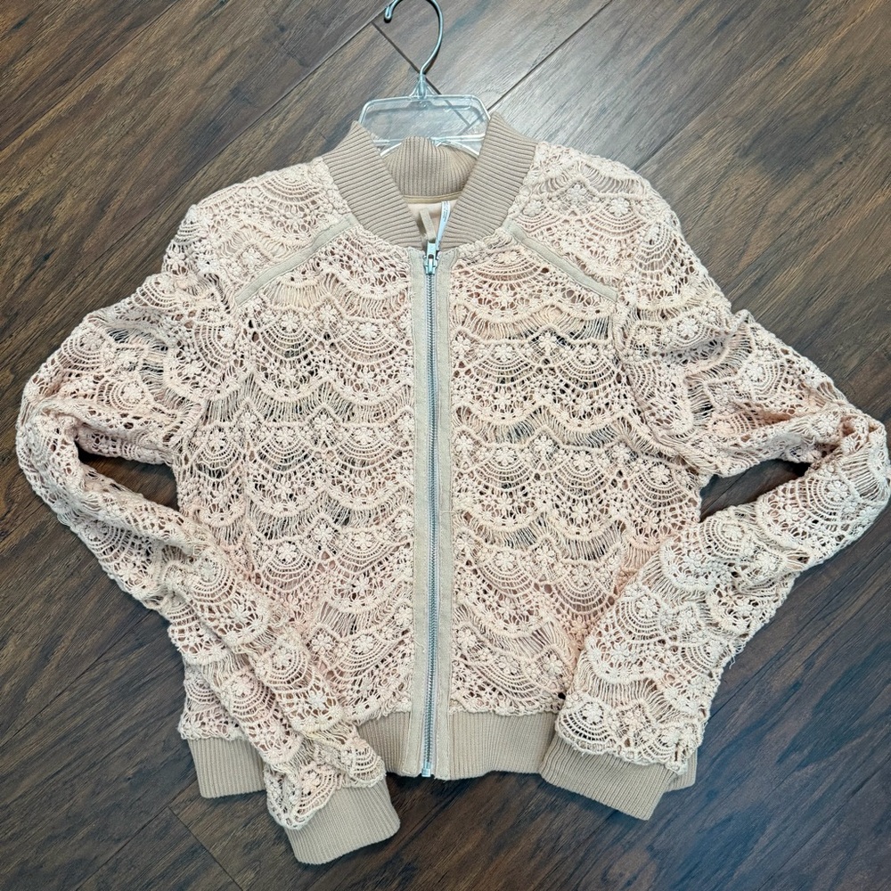 Free People Crochet Lace Bomber Jacket in beige